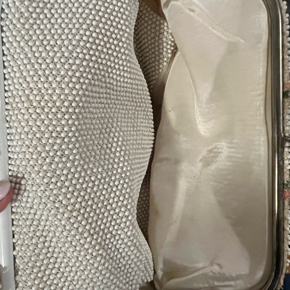 Vintage 50s lumured corde petite bead white pink floral handbag purse - Picture 6 of 6